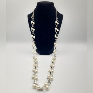 Silver Tone Pearl Link Necklace Adjustable Long Statement Elegant